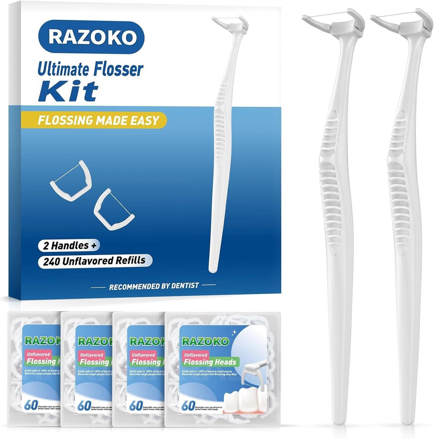 RAZOKO Reusable Dental Flosser Kit, Extra Strong Shred-Resistant Floss, for Hard to Reach Areas, PTFE & PFAS Free (2 White Handles + 240 Refills)