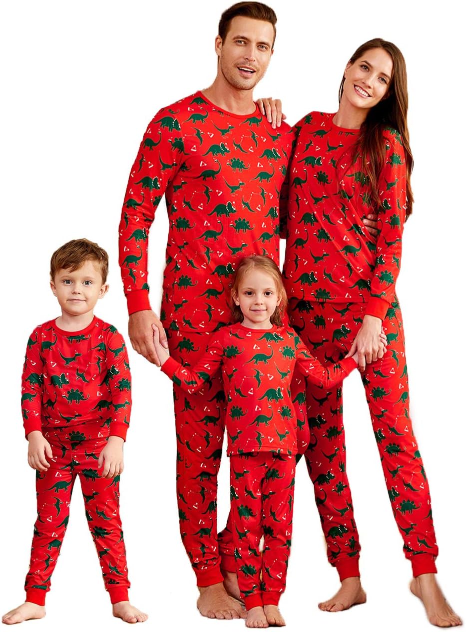 Family Matching Pyjamas Set Festival Outfits Two Pieces Dinosaur Printed Nightwear for Mom Dad Kids Sleepwear PJs Lounge Wear