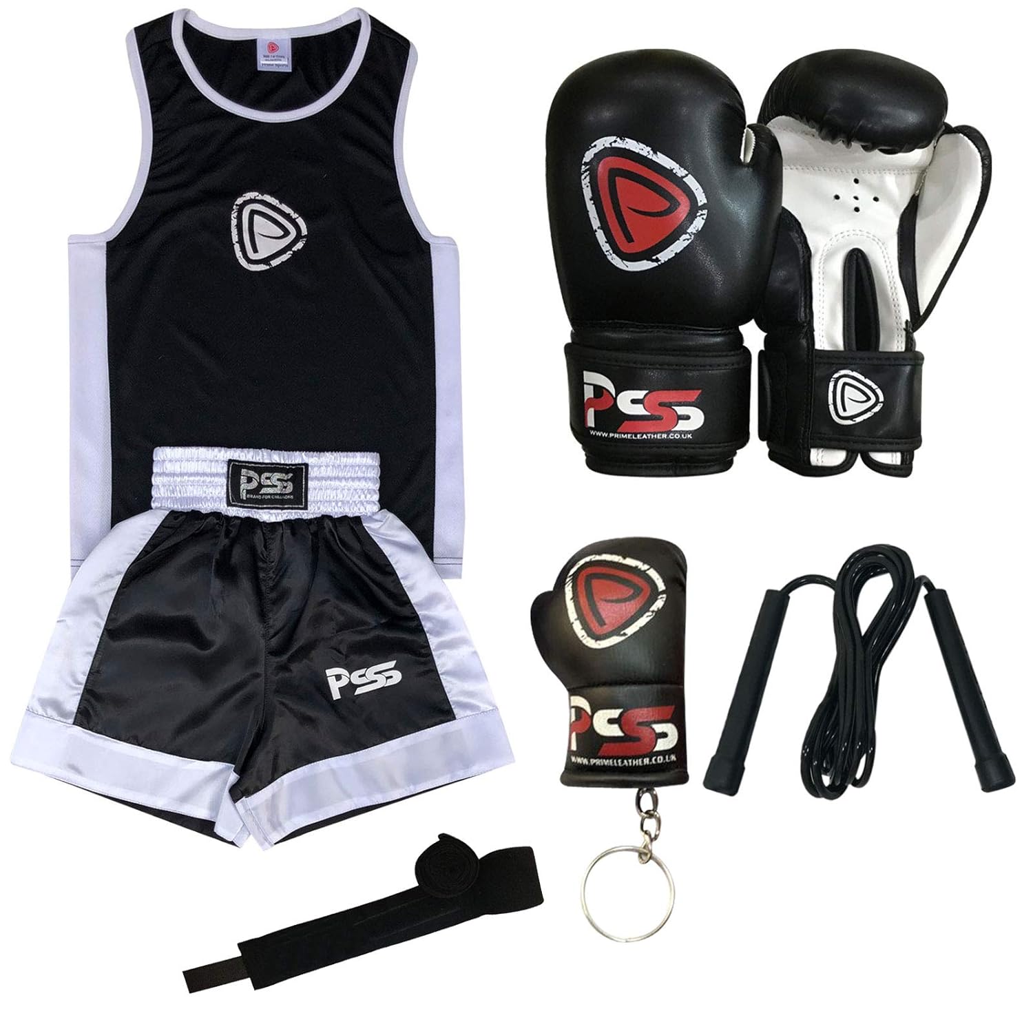 Prime Sports KIDS BOXING UNIFORM 5 PIECES SET (TOP & SHORT) BLACKWHITE