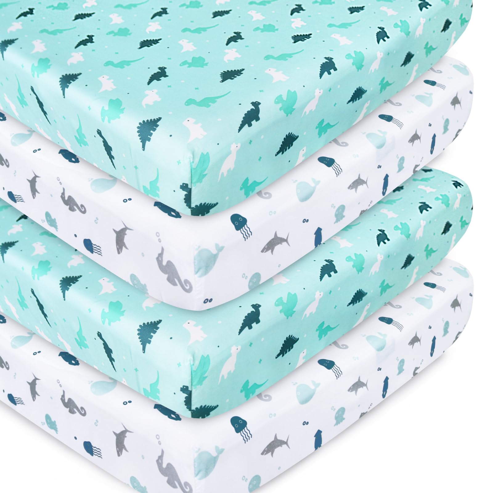 Photo 1 of Crib Sheets for Boys or Girls 4-Pack, Fitted Crib Sheet 52'' x 28'' for Standard Crib & Toddler Mattress, Soft and Breathable Material, Baby Crib Sheets Neutral, Aqua
