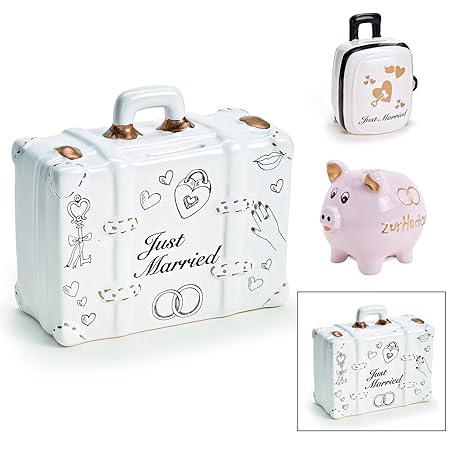Spardose Hochzeit in 3 Varianten - Just Married Koffer - Aus Keramik - Süße Geschenkidee für Brautpaar - Geldgeschenk Koffer 