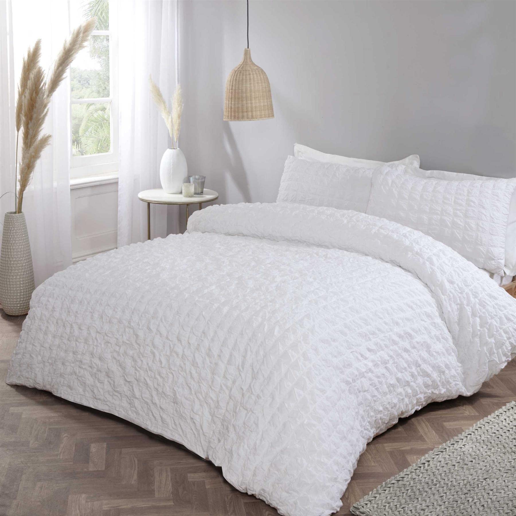 Rapport Home Seersucker Cotton Rich Luxury White Duvet Cover & Pillowcase Set (Double)
