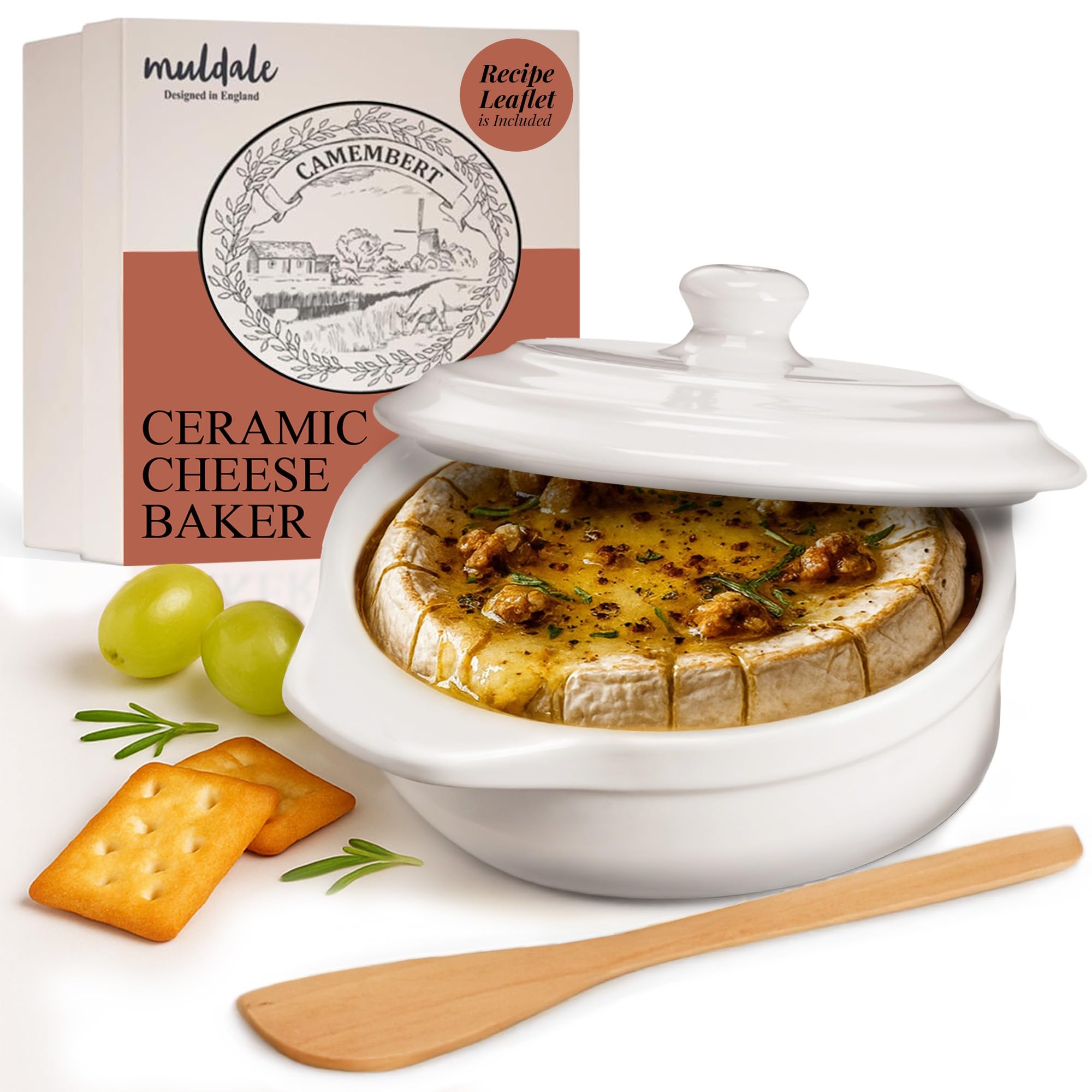 Muldale Camembert Baking Dish with Lid Gift Set - Cheese Baker in White - Lead Free Brie Baking Dish - Ceramic Camembert Baker - 14cm - With Spreader and Box