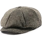 Men Women Wool Blend Newsboy Cap, 8 Panel, Herringbone Tweed, Irish Cabbie Ivy Gatsby Driving Hunting Hat