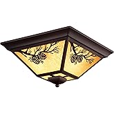 VAXCEL Douglas Warm Bronze Rustic Outdoor Flush Mount Ceiling Light Pine Cone Motif Amber Glass