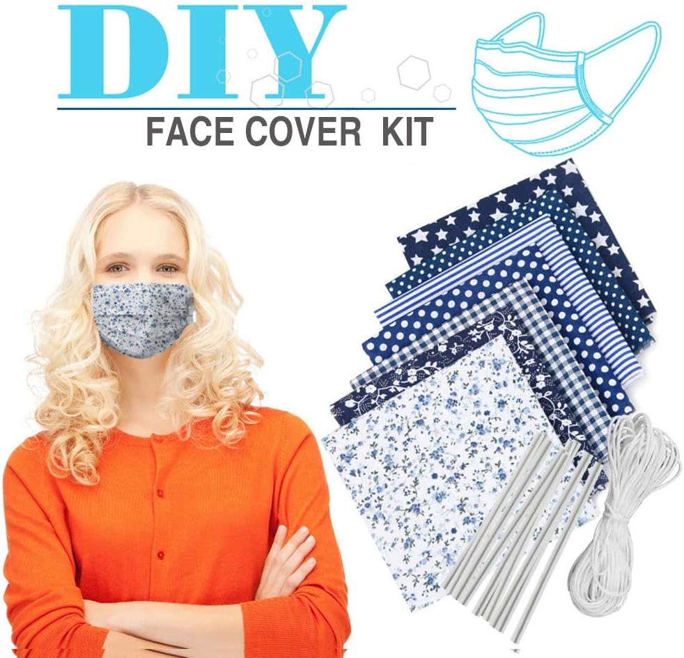 Cotton Craft Fabric Bundle Patchwork Squares Quilting Sewing Patchwork Different Pattern Cloths DIY Scrapbooking Artcraft,7 Pieces/Pack w/10 x Face Cover Metal Wire (Navy)