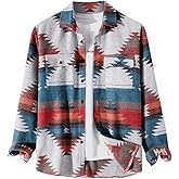 FindThy Men’s Brushed Flannel Shirts Ethnic Aztec Print Button Up Lapel Tribal Shirt Jacket Shacket