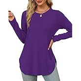 XIEERDUO Womens Long Sleeve Round Neck Shirts Side Split Basic Loose Tunic Tops Casual 2025