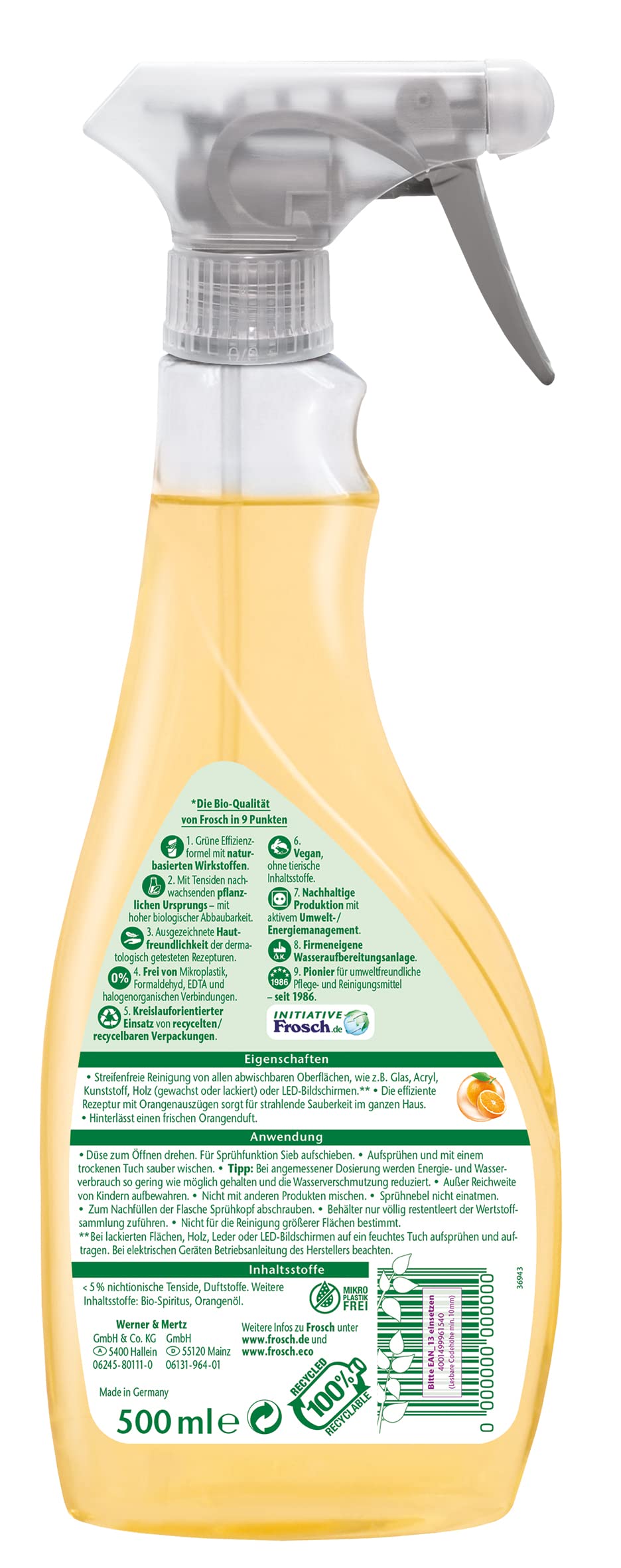 Frosch Orangen Multiflächen-Reiniger, für streifenfreien Glanz und kraftvolle Sauberkeit für alle glatten Flächen, Sprühflasche, 1er Pack (1 x 500 ml) 3