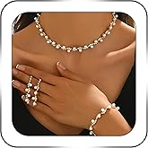 SAWINDA Rhinestone Jewelry Set Crystal Pearl Necklace Bracelet Earrings Set Sparkly Necklace Dangle Earrings Wedding Prom Formal Costume Jewelry Sets for Women