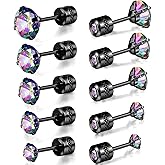 5 Pairs 316L Stainless Steel Screw Flat Back Earrings Cubic Zirconia Stud Earrings Titanium Earrings for Women Men