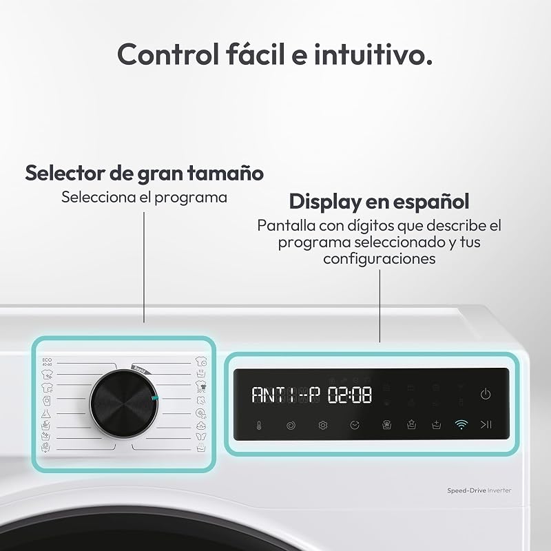 ProWash 500 BR 49SBL8-S, Lavadora 9 KG, 1400 RPM, Display Digital, Conectividad WIFI, 16 Ciclos, Motor Inverter, Inicio Diferido 24H, Bloqueo Infantil, Tambor 52,5cm, 72 DB, Blanco