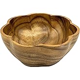 WRIGHTMART Round Wooden Serving Bowl, Circular Scalloped Shape, Hand Carved Acacia Wood Bowl for Food, Salad, Fruit, Popcorn, Decorative Display, for the Dining Table and Kitchen, 10" x 4.5"