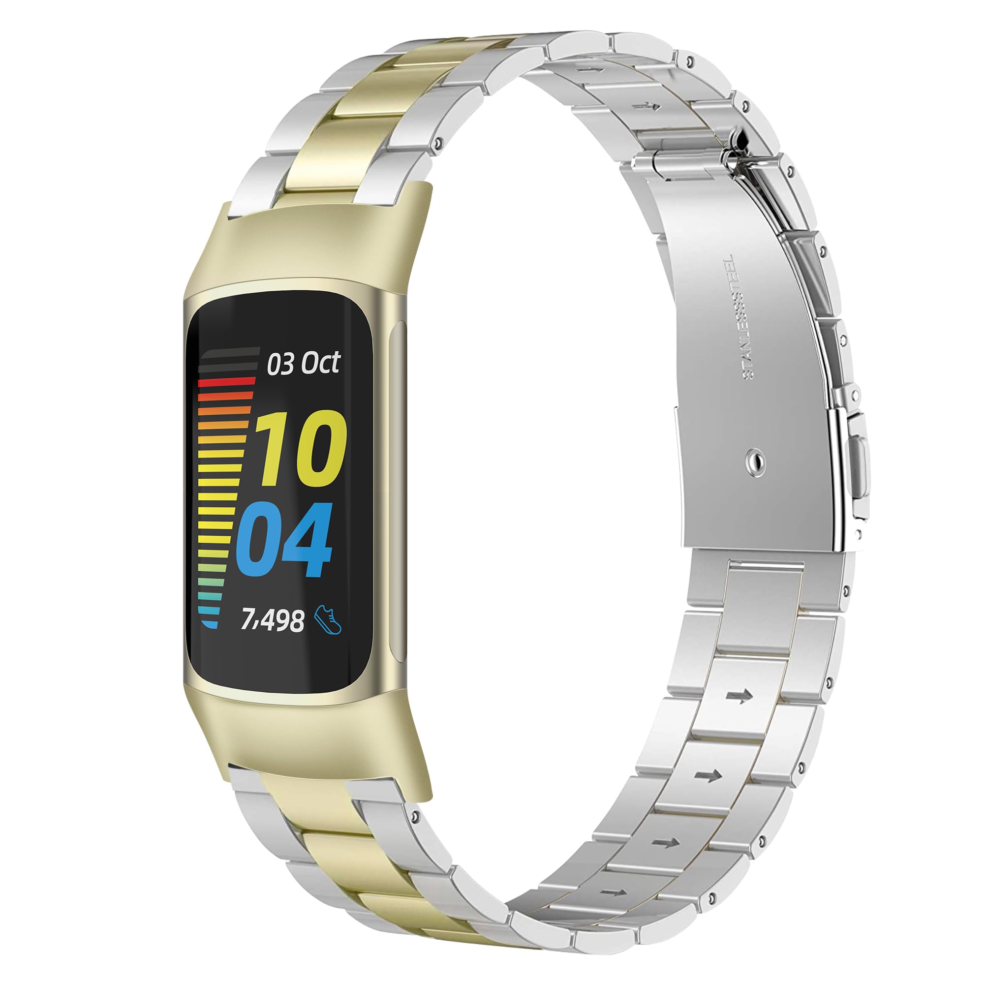 Photo 1 of Wearlizer Compatible with Fitbit Charge 5 Bands for Women Men, Classic Stainless Steel Ultra-Thin Lightweight Replacement Straps Charge 5 Bands(Soft Gold+Sliver)