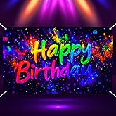 BlissYard Neon Happy Birthday Banner 71x43 Inch Glow Party Backdrop Colorful Paint Splatter Light Burst Vibrant Teens Kids Birthday Party Supplies Photo Booth Background For Girls or boys gifts
