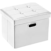COSYLAND Storage Ottoman 17x13x13in Leather Rectangle Foot Rest Folding Bench Seat Organizer Entryway Furniture with Handles Lid White
