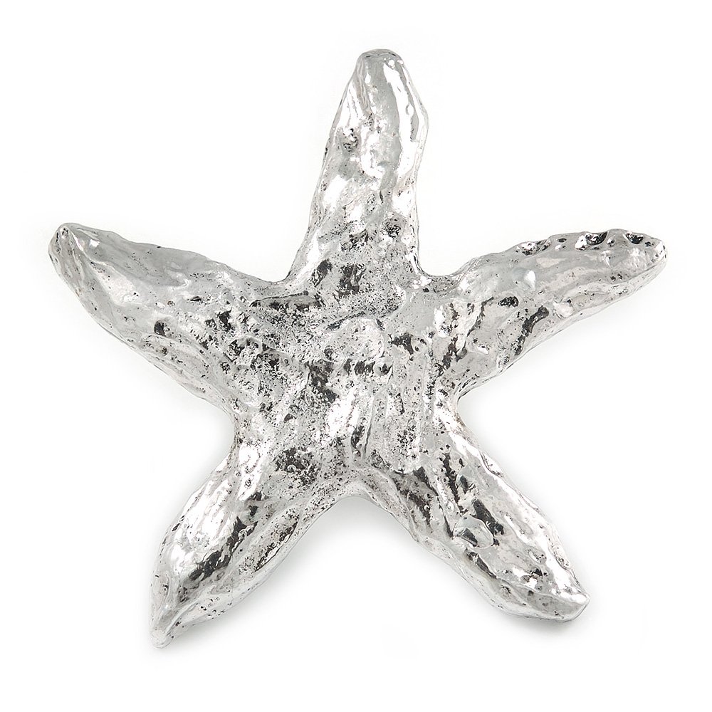Ethnic Hammered Starfish Brooch In Silver Tone Metal - 70mm Across