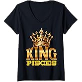 Womens King Pisces Fish Zodiac Sign Crown V-Neck T-Shirt