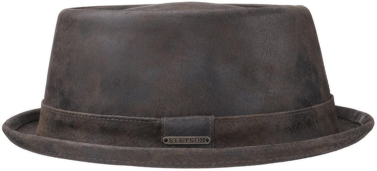 Lined Pork Pie Pigskin Leather hat Stetson Pennsylvania Mens Pigskin Leather Pork Pie hat Summer//Winter Fedora with pre-Distressed Look