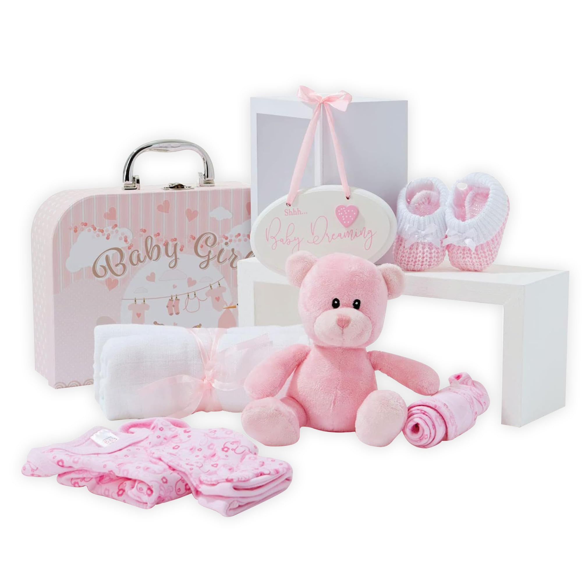 Baby Box Shop - Baby Girl Gift Set, Newborn Essentials in Keepsake Hamper with Plush Pink Teddy Bear, Cotton Bodysuit, Booties, Hat, Bib, Muslin Cloth & Hanging Plaque – Baby Shower & New Parent Gift
