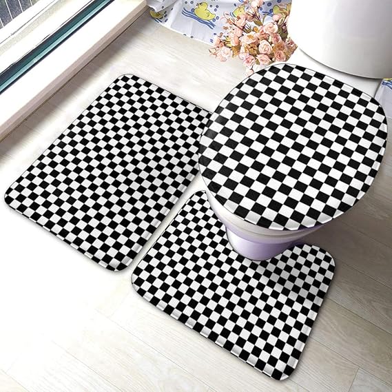 Black White Checkered Plaid Bath Rug Sets 3 Piece for