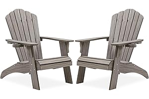 Psilvam Oversized Adirondack Chair, Fade-Resistant & Odor-Free Poly Lumber Fire Pit Chairs with Cup Holder, Weatherproof Lawn Chair, Easy 15 Min Install Patio Chair, 350 Lbs Support (2, Light Gray)