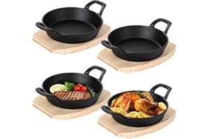 4 Sets Mini Cast Iron Skillet with Wooden Base, 6.3 in Small Cast Iron Plates, Heavy Duty Fajita Plate Hot Steak Pot Dish for