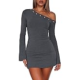 One Shoulder Dresses for Women Metal Ring Sexy Flared Long Sleeve Bodycon Going Out Club Party Y2K Mini Dress