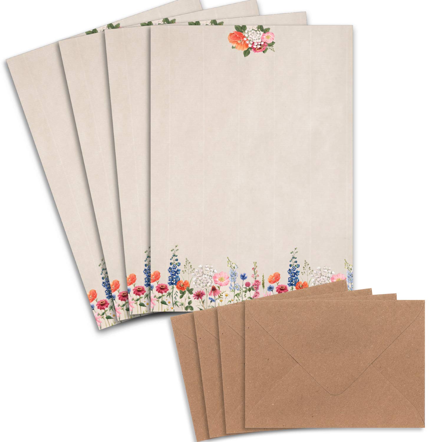 25 Letter Paper Sets DIN A4 – Natural Paper Flower Meadow Motif with Ribbed Look – with Envelopes DIN C6 in Kraft Paper Natural Pink Letter Paper – Printable – Ideal for Wedding Invitations