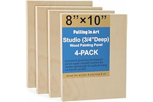 Falling in Art Unfinished Birch Wood Canvas Panels Kit, 4 Pack of 8x10’’ Studio 3/4’’ Deep Cradle Boards for Pouring Art, Crafts, Painting, and More
