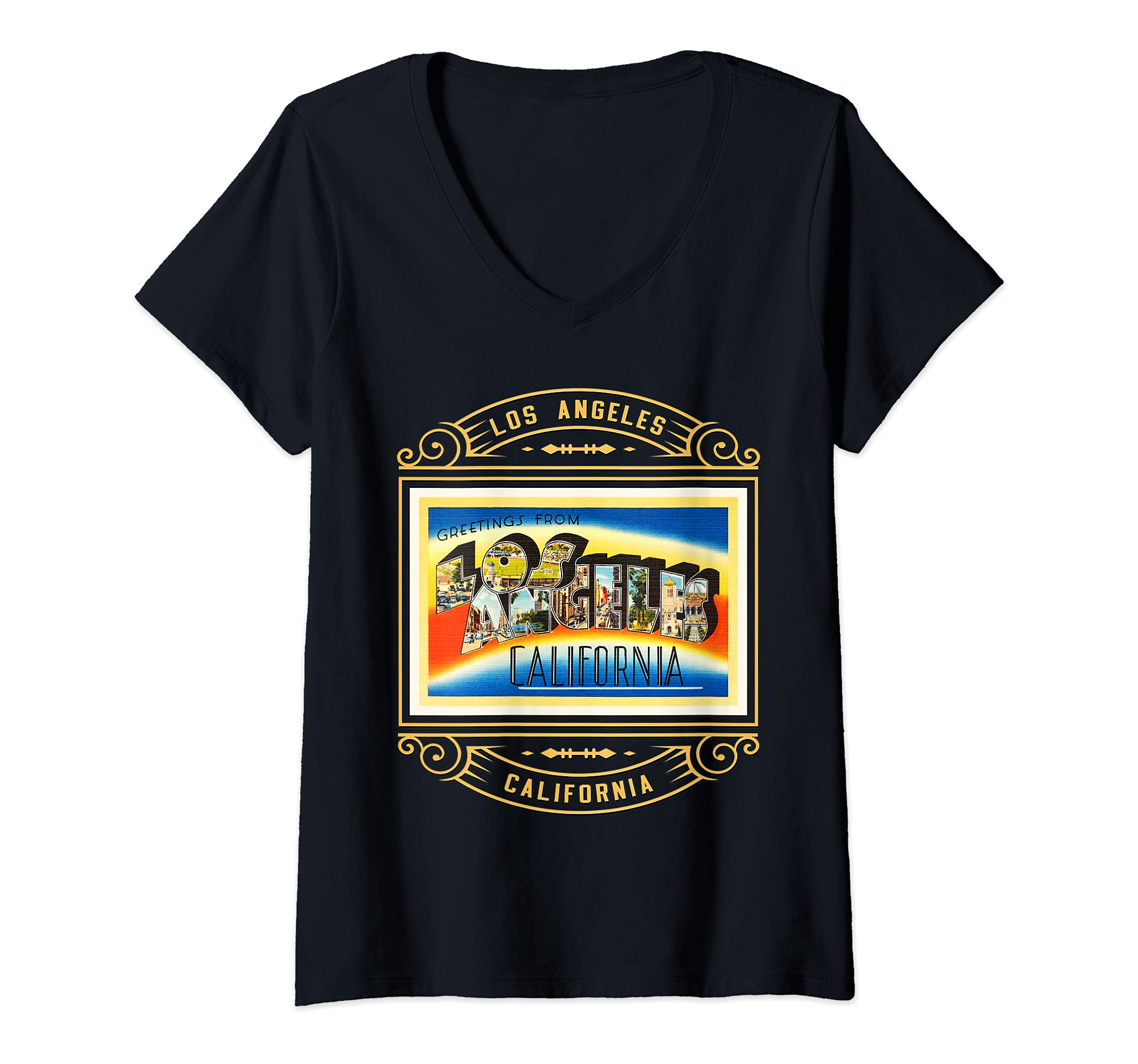 Womens Los Angeles California CA Large Letter Travel Postcard 1 V-Neck T-Shirt