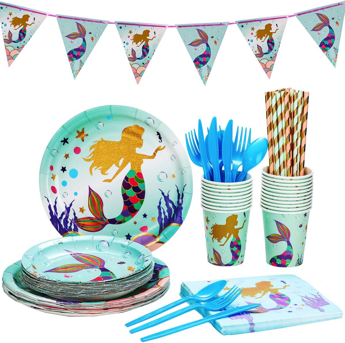 Mermaid Birthday Party Supplies Kit – Mermaids Party Decorations For Girls-20 Guests-Includes fishtail Plates, Banner, Balloons, Tablecloth, Cutlery, Cups, Hanging Swirls,Toppers and Napkins…