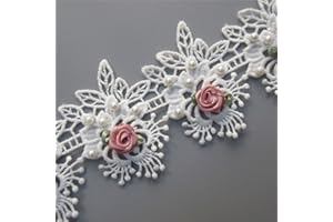 QIUDA 1 Yard Vintage Cotton Eyelash Pearl Flowers Leaf Embroidered Lace Trim Fabric Floral Appliques Lace Ribbon Bridal Ornaments Handmade DIY Sewing Supplies Craft for Costume Hat Decoration 2.75" Wide