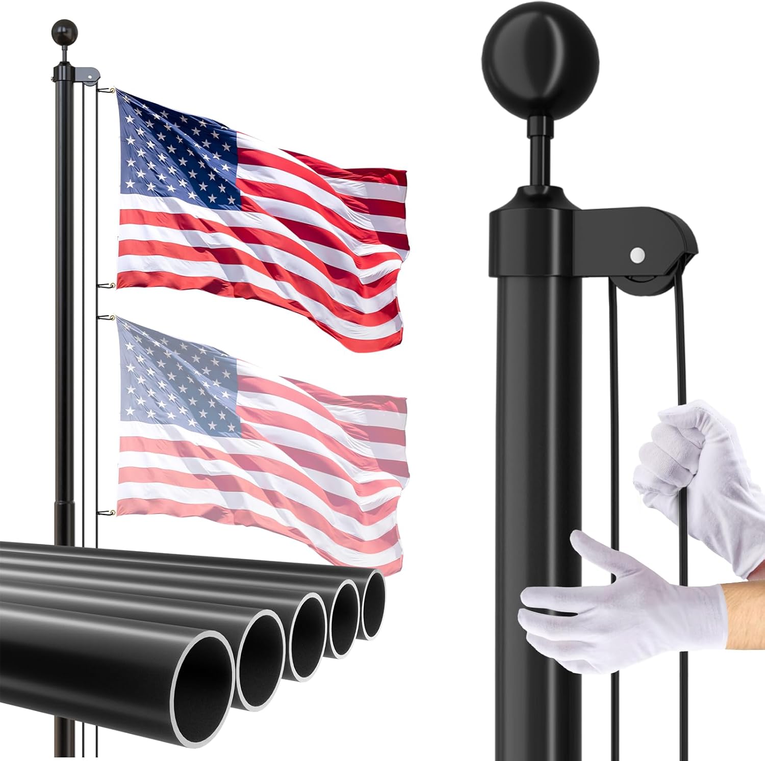 Flagpole Hardware - FFILY Flag Pole for Outside In Ground - 25 FT Heavy Duty Flagpole Kit for Yard - Extra Thick Outdoor Flag Poles with 3x5 American Flag for Residential or Commercial, Black