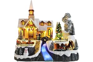 MUMTOP Christmas Village Snow Church with Rotating Train, Light Up Animated Moving Skaters and Christmas Tree with Music for 