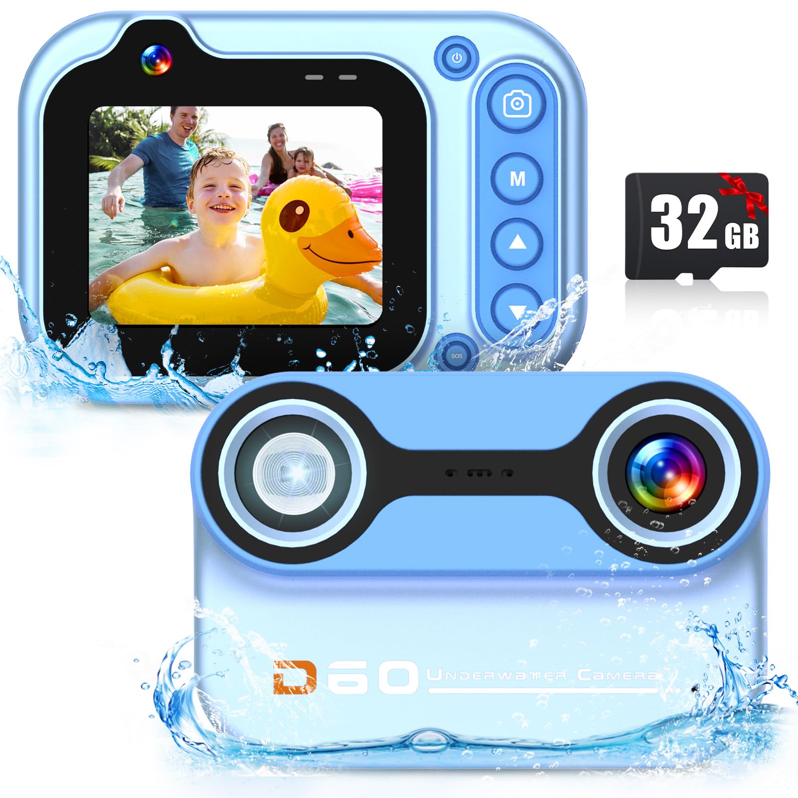 Kids Camera Waterproof, 10FT/3M Underwater Camera for Kids 48MP 1080P HD 10X Digital Zoom with 2.4" IPS Screen, Children Digital Action Camera with 32GB Card