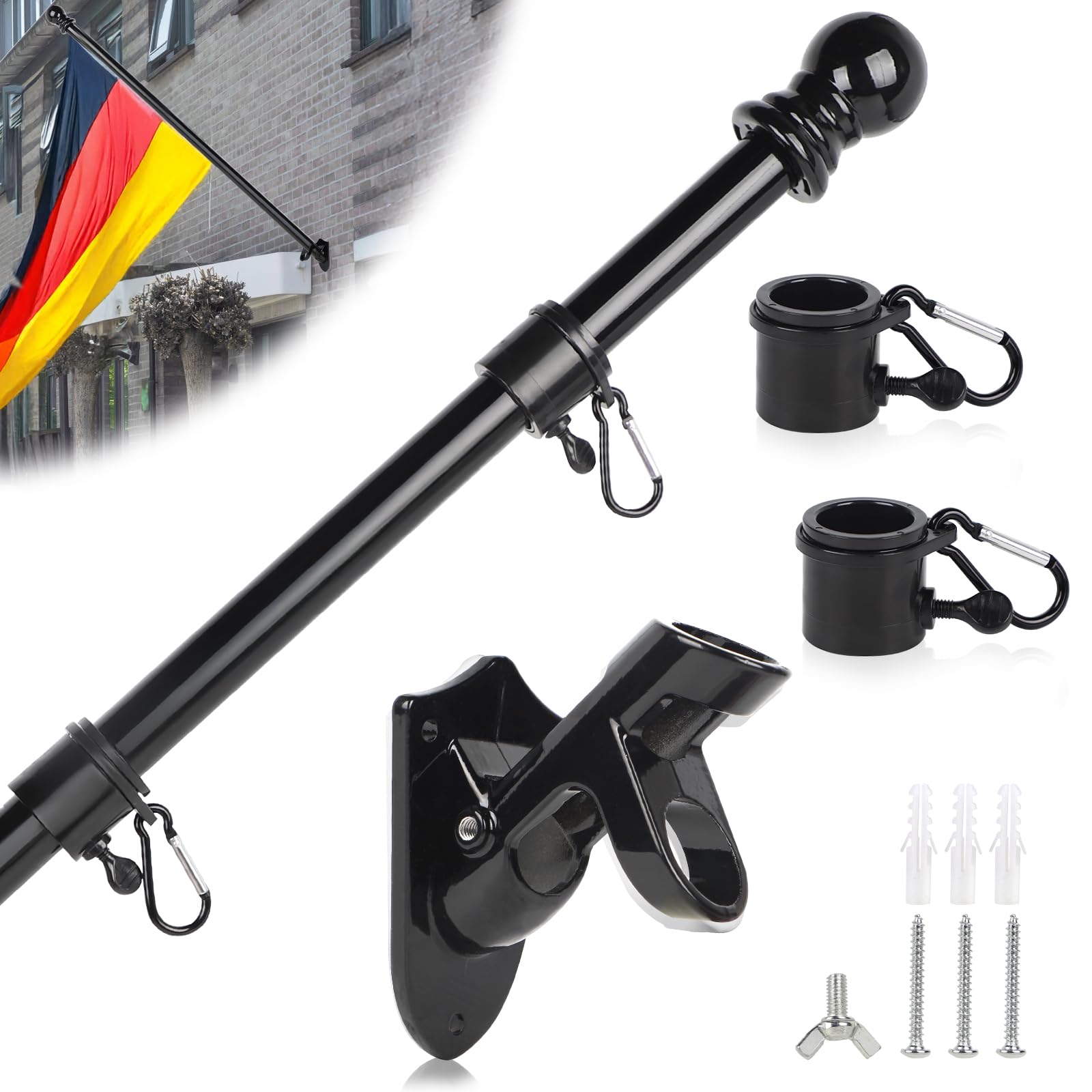DBREAKS 1.5 m Flagpole with Bracket, Stainless Steel Flag Holder, Wall Mount Flag Pole, Flag Pole with Tangle, Flag Pole Accessories for Flag House and Garden (Black)