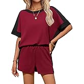 Tankaneo Womens 2 Piece Summer Outfits Oversized Short Sleeve Tops and Shorts Matching Sets Color Block Lounge Set