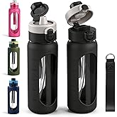ANOTION 40OZ Glass Water Bottle, Large Sports Water Bottle with Dual-Drink Lid Clear Leakproof Glass Bottles with Straw, Motivational Jug with Silicone Sleeve and Time Marker for Travel Gym-Black
