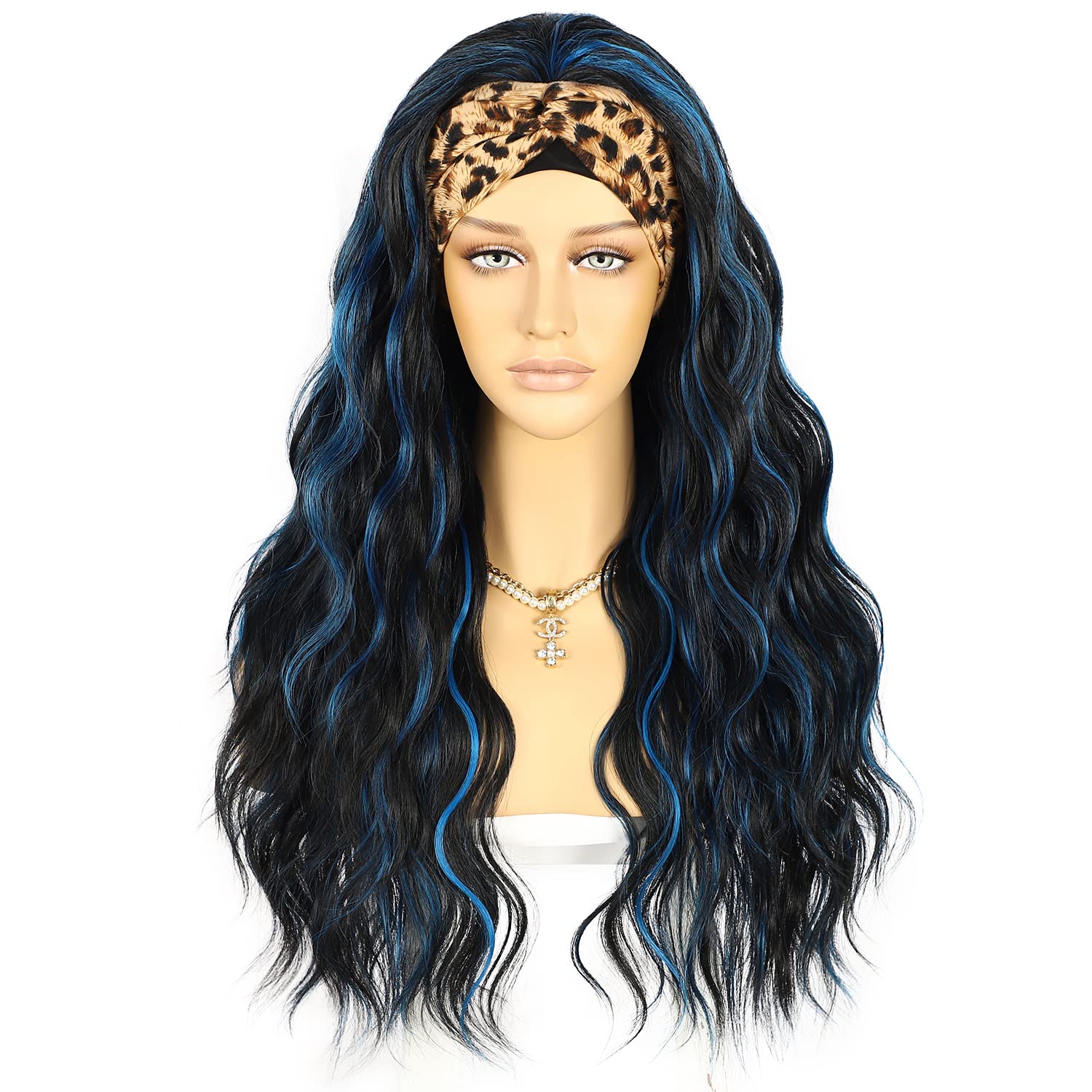 Sapphirewigs Headband Wig Highlight Wavy Synthetic Wigs for Women Black Blue Glueless Daily Wear Cosplay Headband Hair 150% Density 26 inch — image 1