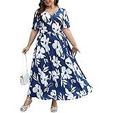 Keluummi Plus Size Wedding Guest Maxi Dresses for Curvy Women, Summer Floral 3/4 Sleeve Long Party Dresses with Pockets