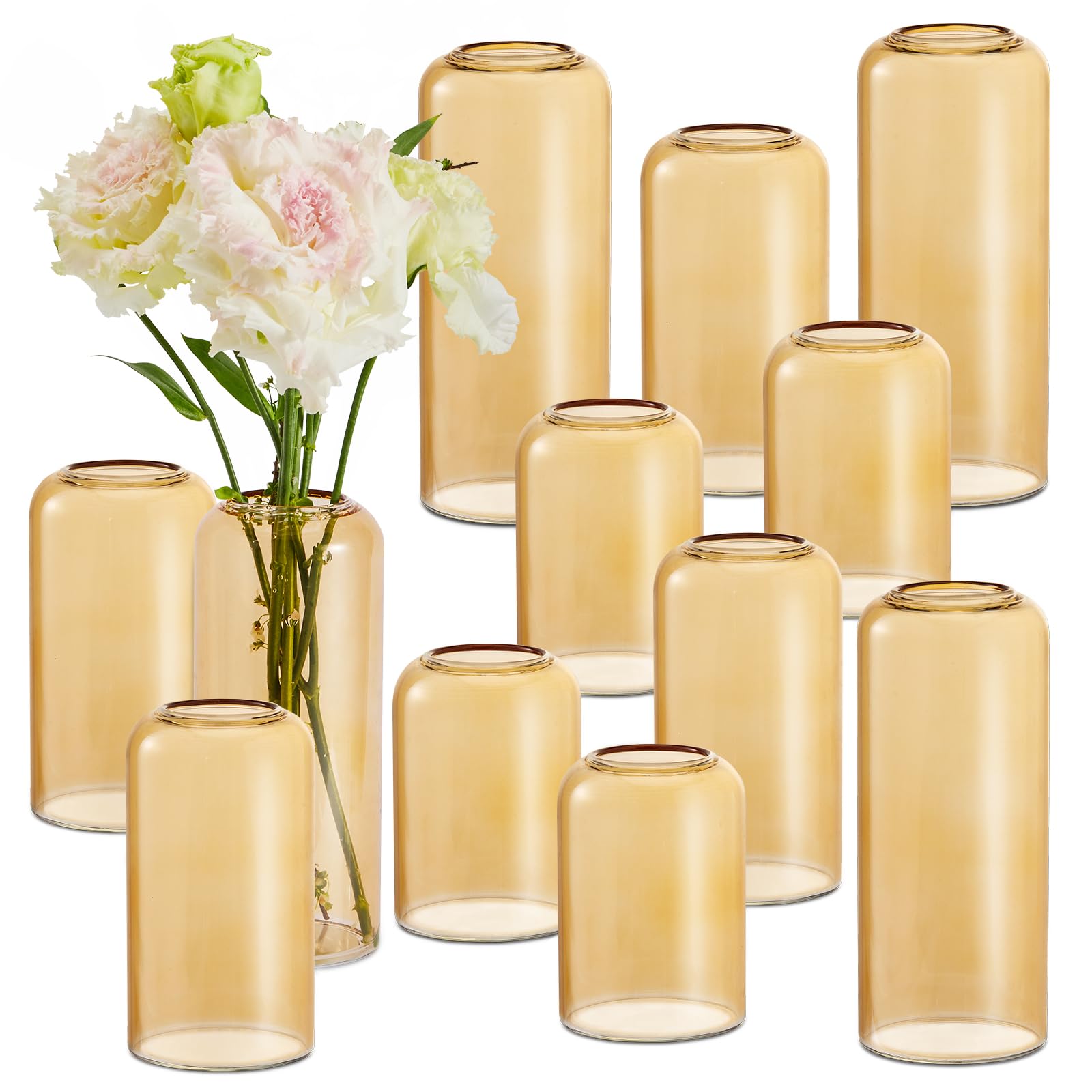 Photo 1 of 12pcs Glass  Vases Set, Small Flower Vase for Centerpieces, Small Vases for Flowers, Decor Centerpiece for Bathroom, Decorative Vases for House Warming (Amber)