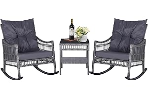 Yardenaler 3 Pieces Outdoor Rattan Rocking Bistro Set with Cushions, Patio Wicker Furniture Set with Rocker Chair & Glass Coffee Table, Conversation Set for Porch, Balcony, Backyard, Gray
