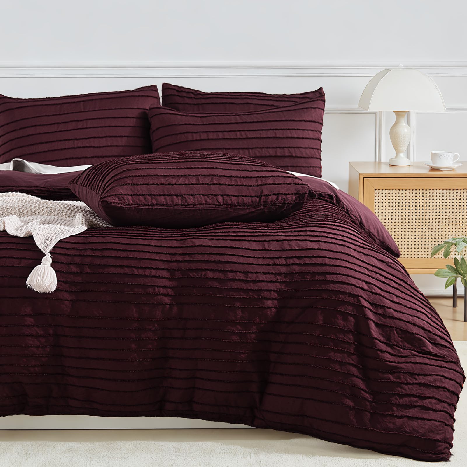 Photo 1 of NEXHOME PRO Duvet Cover Queen Size, Blue 3 Pieces Boho Tufted Duvet Cover Set, Soft and Lightweight Microfiber Comforter Cover Set for All Season (Burgundy,90 x 90)-No Comforter