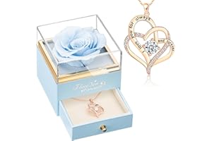 WILDLOVE Forever Real Rose with Heart Necklace, Preserved Flowers Gifts for Mom, Wife and Girlfriend on Christmas, Valentine's Day, Mother's Day, Birthday for Women Her - Light Blue