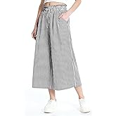 Rapbin Wide Leg Capri Pants for Women Gingham Striped Culottes Flowy Elastic Waist Cropped Palazzo Pants with Pockets
