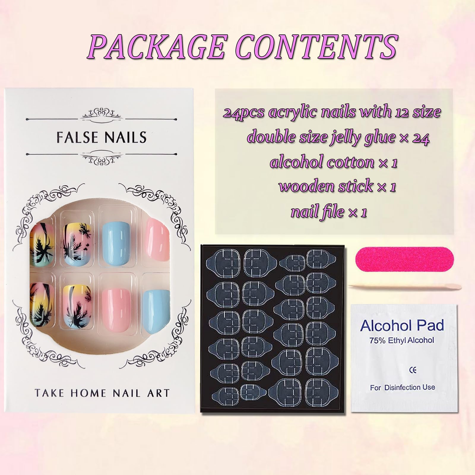 Short Press on Nails Square Fake Nails Summer Palm Tree Acrylic Nails Press ons Glossy Blue Pink Glue on Nails with Twilight Beach Designs Short False Nails Summer Artificial Nails for Women Girls - Image 6