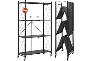 DEANIC 4-Shelf Foldable Storage Shelves with Wheels,No Assembly Bookshelf, Metal Shelving Units Storage for Garage,Kitchen,Li