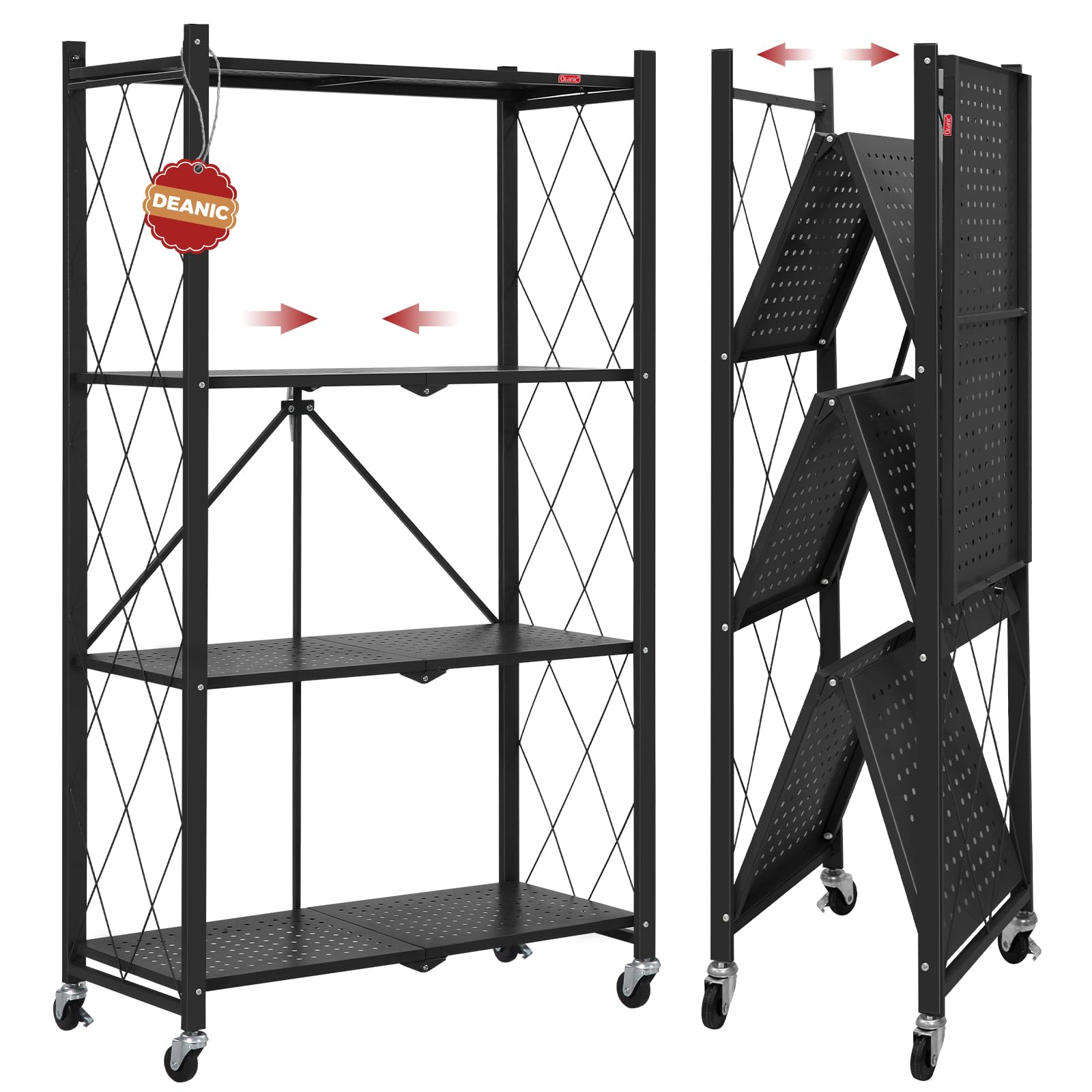 Photo 1 of DEANIC 4 Tier Foldable Storage Shelves with Wheels, Large Capacity Shelving Unit, Freestanding Metal Wire Shelf Rack, No Assembly Organizer Rack for Garage Kitchen, Basement, Pantry(Black)