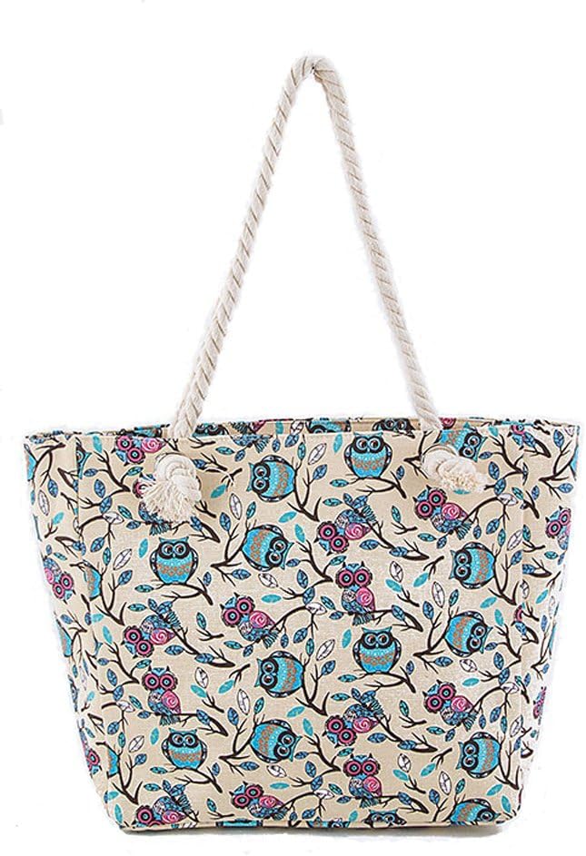 Lamicci Large Owl Patterned Canvas Shoulder Tote Bag Multi Beige Colored Shopping